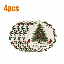 8pcs/6pcs/4pcs/1pc Holiday Christmas Placemat Set - Polyester Linen Round Placemats With Santa Claus & Reindeer Design, Christmas Floral Print, Non-Slip, Hand Washable, Suitable For Holiday Dining And Home Decor, Durable.
