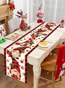 1 pieza 35*180cm/13.78*70.87 pulgadas Camino de mesa de poliéster con tema de gnomo de chocolate caliente, patrón de gnomo a cuadros rojos, cubierta de mesa de comedor navideña para fiesta festiva, decoración de mesa de cocina de Año Nuevo