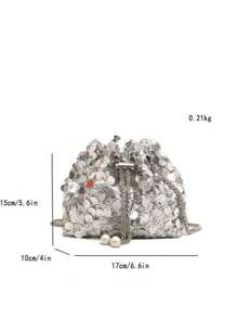 1pc Shiny Gold Sequin Drawstring Closure PVC Strap, Decorative Colorful Beaded Women's Bucket Shoulder Bag, Fashion Gift Suitable For Party Dresses, Graduation Gowns, Sequin Dresses, Elegant Dresses - Silver - View 4