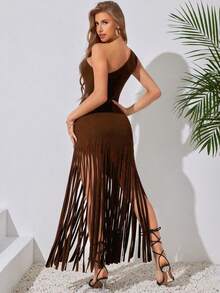 女士性感复古流苏深色哥特式拼布不对称节日连衣裙 - 棕色 - 查看 2