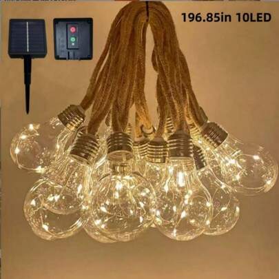 1 件 5M10LED 太阳能麻绳圆球泡铜线灯串（锂电池），8 种照明模式，万圣节装饰，适用于庭院、花园、阳台、派对装饰