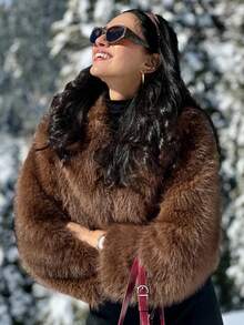 TRAFZA 女款冬季人造毛皮草百搭高端蓬松都市风格辣味豹纹夹克 - 棕色 - 查看 7