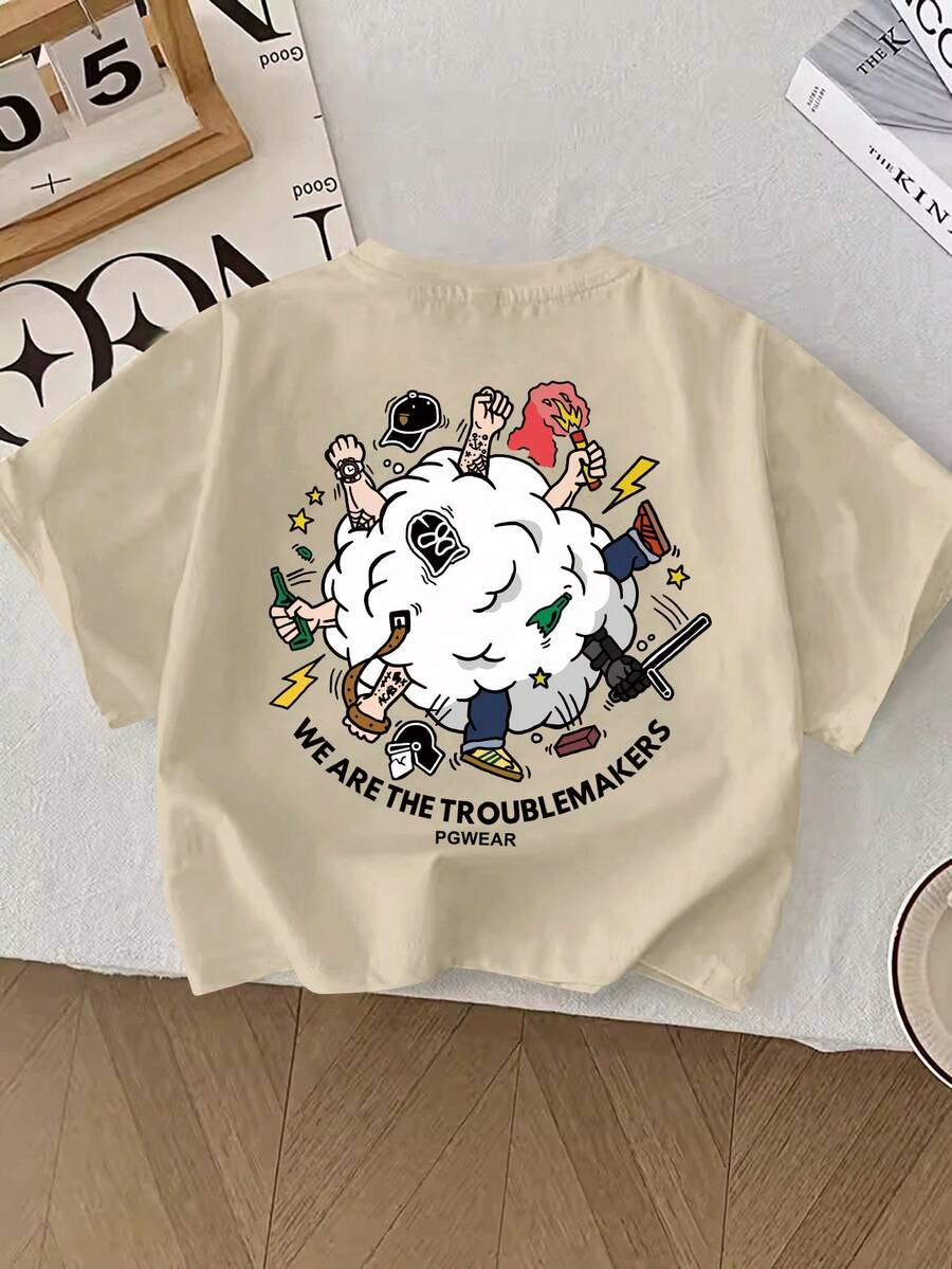 Young Boy Yongboy 休闲涂鸦字母印花圆领夏季T恤 - 卡其色 - 查看 1