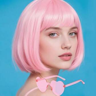 2pcs/1pc Bright Color Short Bob Wig, Paired With Cute Heart-Shaped Glasses, Festive Cosplay Party Accessories, Fashionable Basic Wig For Daily Wear