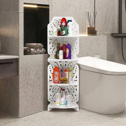 LIVINGANDHOME Living And Home 3/4-Tier Elegant Corner Storage Rack Cabinet Shelf With Carved,Bookcase Plant Flower Shelving Units,Storage Shelf Organiser For Bedroom,Bathroom,Living Room,White