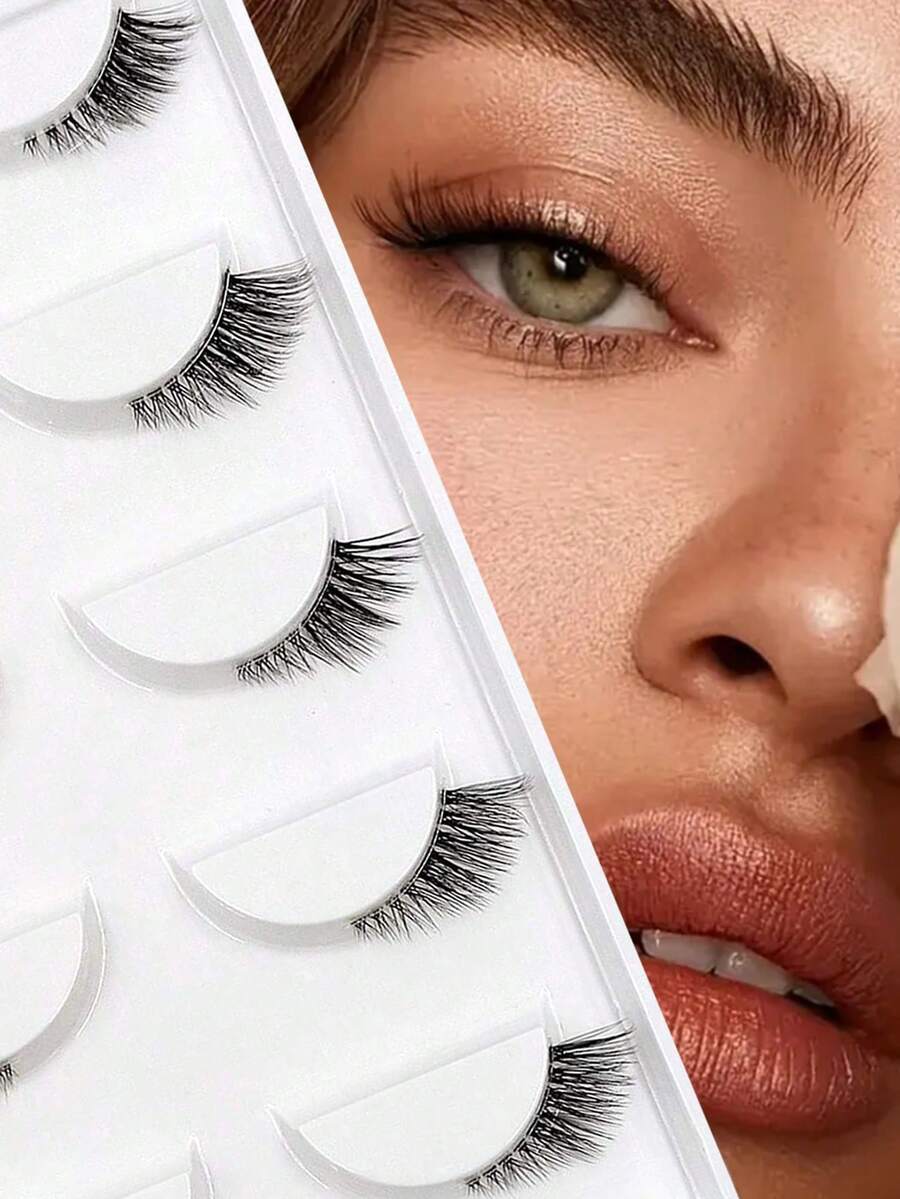 5 对半眼假睫毛，条状睫毛，5-10 毫米长度，D 卷曲，加长睫毛，自然精致的睫毛，柔软且可重复使用的睫毛，易于粘贴，适合约会、派对，狐狸眼和猫眼款式，外眼角延长，非常适合初学者，自然纤细，防水防汗 - 自然纖長款 - 查看 1