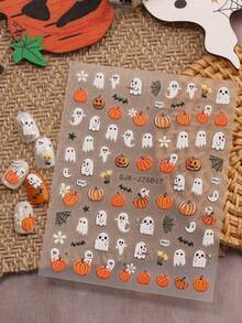 2片可爱卡通万圣节美甲浮雕贴纸 - 幽灵、南瓜、蜘蛛、小精灵和花朵图案，女士自粘美甲贴，5D立体浮雕效果，可爱、有趣、卡通主题，易于粘贴，可用于美甲装饰、DIY、节日礼物、派对美甲 - 彩色 - 查看 3