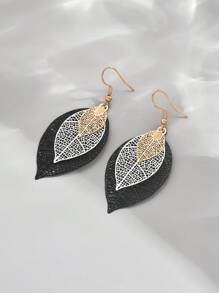 1 对女士复古时尚百搭叶子镂空金属耳环，适合度假和日常佩戴 - 黑色992 - 查看 4