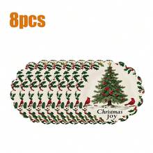 8pcs/6pcs/4pcs/1pc Holiday Christmas Placemat Set - Polyester Linen Round Placemats With Santa Claus & Reindeer Design, Christmas Floral Print, Non-Slip, Hand Washable, Suitable For Holiday Dining And Home Decor, Durable.