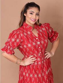 Women's Fashion Midi Dress In 3D Laise Fabric With Elastex On The Back And Button On The Front And Lining - 雙色紅. - 查看 4
