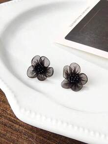 1pair Elegant Black Flower Shaped Stud Earrings Suitable For Women To Wear In Any Occasion Valentines,Mom,Mother,Mother's Day,Gift - 黑色 - 查看 2