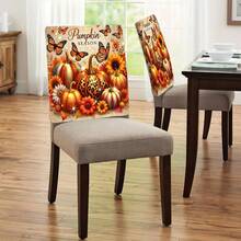 1pc/4pcs/6pcs/10pcs Autumn Series Pumpkin & Floral Butterfly Pattern Plush Chair Cover, Removable Short Plush Material Chair Slipcover, Chair Back Protector Cover, Suitable For All Seasons, Holiday Decor Chair Cover, For Dining Room, Living Room, Home Chair Protection, With Back Protection, Applicable To Dining Room, Office, Living Room, Hotel And Home Decor