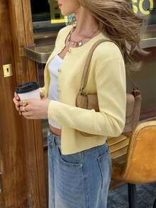 FOR BEAUTY 女士春夏新款针织开衫，休闲简约风格，圆领长袖，蘑菇纽扣设计，黄色开衫 - 黃色 - 查看 1