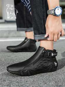 Men's Casual High-Top Leather Boots With Side Zipper Design, For Daily Wear - Black - View 4