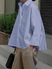 女士法式纯色长袖商务面试通勤休闲宽松简约气质优雅春夏秋季衬衫 - 藍色 - 查看 7
