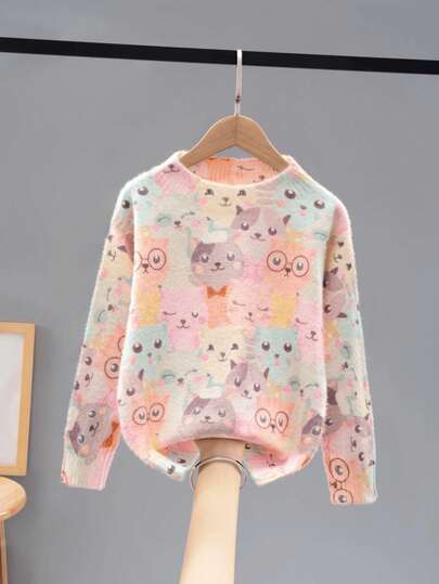Suéter de punto con estampado grande y diseño de gato lindo, regalo ideal de vacaciones para niñas