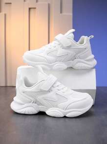 1 双儿童白色运动鞋，男孩和女孩的网眼钩环跑鞋，透气白色运动鞋