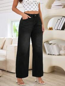 Women's Loose Button Front Wide Leg Plus Size Jeans, Casual And Fashionable-Fall Clothes For Women - Black - View 10