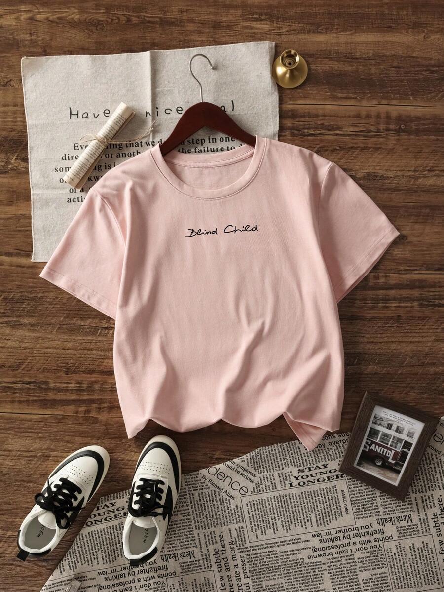 Camiseta casual de mujer de verano con cuello redondo, hombros caídos y estampado de letras, de corte holgado - Rosa - Ver 1
