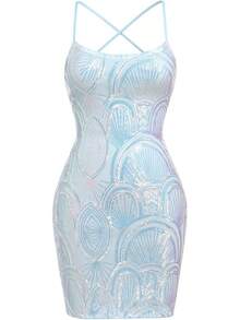 Teen Homecoming Dress Sequins Bodycon Mini Spaghetti Strap Floral Glitter - Light Blue - 查看 3