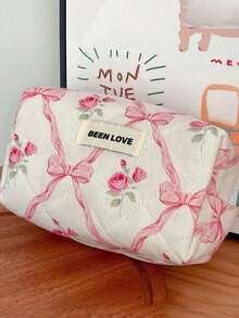 3pcs/Set Pink Bow Knot & Rose Design Quilting Cosmetic Bag, Fashionable Portable Makeup Bag, Multi-Functional Storage Bag For Lipstick, Sanitary Napkin, Coins, Keys Etc, Large Capacity Lovely Wash Bag For Travel Organizer Cosmetic Bag For Travel, Mother's Day Gift Back To School Autumn University Essentials Travel Essentials Holiday Vacation Travel Bag For Women Makeup Organizer
