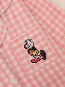 格子家居服套装，甜美可爱的翻领纽扣上衣和长裤，女士睡衣家居服，秋冬服装 - 粉色 - 查看 5