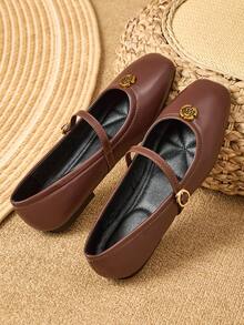 Women's Mary Jane Flat Shoes - Vibrant Brown Faux Leather, Soft Rubber Sole And Padded PU Insole - Comfortable Office And Casual Shoes, Suitable For All-Day Wear In Winter, Women's Flats, New, Fashionable, Minimalist, Slip-On, Glossy - Small Gold Flower Style, Ideal Gift For Valentine's Day, Mother's Day, Weddings, Parties, Office And More - màu nâu - Xem 5