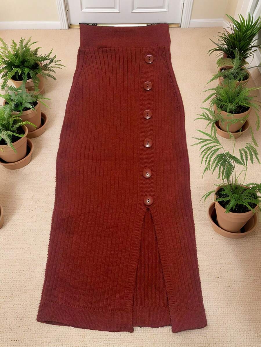 Steve Store Women's Fashion Modal Knit Skirt With Slit And Buttons, Elastic Waist, One Size - Ferrugem Telha - View 1