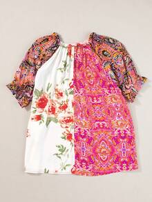 Acelitt Women's Cute & Elegant Random Floral Print Color Block V-Neck Pullover Sweater, Summer Casual Vacation - Multicolor - View 6