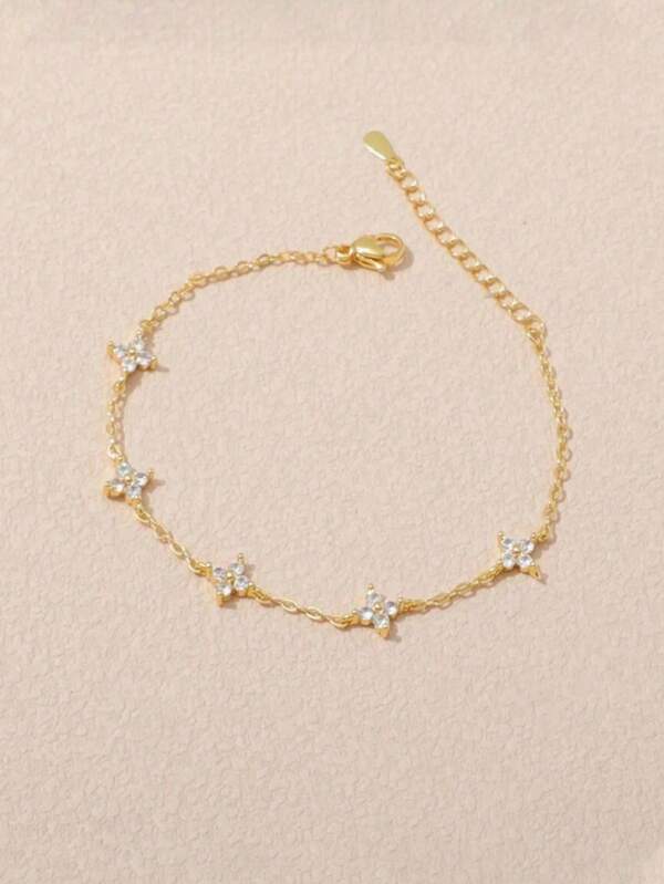 1 pièce Bracelet chaîne avec pendentif fleur de zircone au design trèfle à quatre feuilles plaqué or 18 carats, bijou de luxe pour femmes