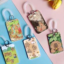 1 pieza Soporte vertical para tarjeta con diseño de personaje de dibujos animados Capi Bara, para tarjeta de campus, tarjeta de autobús, tarjeta de metro, tarjeta de almuerzo, tarjeta de acceso, pequeño protector de tarjeta con cuerda retráctil transparente - casquillos de resorte - Ver 1