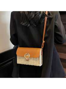 Summer Beach Bag For Seaside Vacation, Woven Women's Box Bag, Small Square Bag, Casual, Versatile, Single Shoulder, Crossbody Bag, Beach Bag (Beige) - 米色 - 查看 2