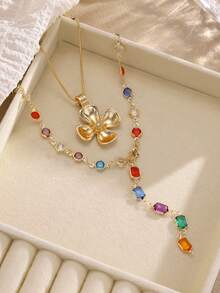 1/2pcs Fashionable & Elegant Colorful Crystal Flower Y-Shaped Necklace Set, Suitable For Party, Banquet, Date, Vacation, Daily Wear
