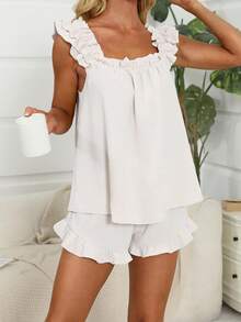 Women's Summer Lounge Set Ruffle Shoulder Strap Tank Tops Drawstring Shorts Sleepwear Sets Bridal Pajama Set For Women - White - View 4