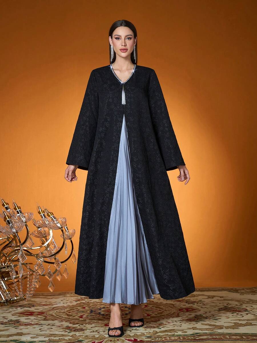 Elegante, Nova Chegada, Senhora, Tecido, Tecido Floral, Cores Contrastantes, Plissado, Técnica de Bordado com Miçangas, Burca Árabe