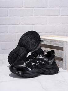 1 双青少年轻便透气网眼休闲运动鞋，春秋季，低帮，时尚配色，百搭，系带和钩环双闭合，减震鞋头设计，适合日常穿着、上学、运动 - 黑色 - 查看 10