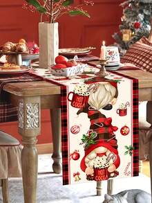 1 pieza 35*180cm/13.78*70.87 pulgadas Camino de mesa de poliéster con tema de gnomo de chocolate caliente, patrón de gnomo a cuadros rojos, cubierta de mesa de comedor navideña para fiesta festiva, decoración de mesa de cocina de Año Nuevo
