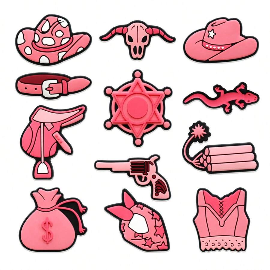 12pcs Pink Cowgirl Series Sandal Charms, Cute Shoe Decorations, High-Quality DIY Jewelry Accessories, Great Gift For Teenagers, Men, Women And Adults - Multicolor - View 1