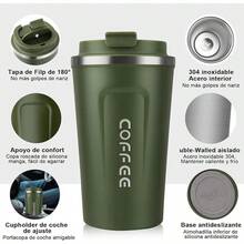 Taza de Café Térmica de Acero Inoxidable 304-18 oz/510ml para Bebidas Frías y Calientes, Tapa Hermética, Ideal para Oficina, Auto y Parque - Mantiene Temperatura (Negro) - verde - Ver 7