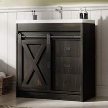 31" Farmhouse Bathroom Vanity With Sink Combo, Freestanding Cabinet With 2 Drawers & Sliding Barn Door, Small Bathroom Storage, White/Grey/Dark Grey/Dark Oak - Dark Oak - 查看 1
