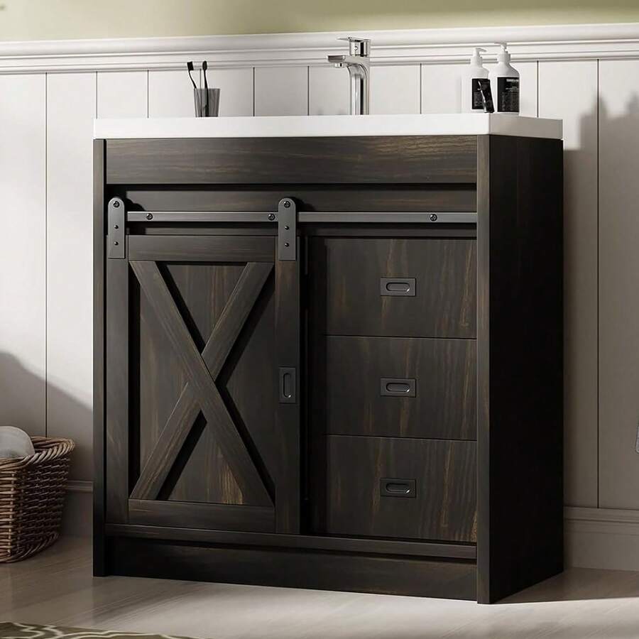 31" Farmhouse Bathroom Vanity With Sink Combo, Freestanding Cabinet With 2 Drawers & Sliding Barn Door, Small Bathroom Storage, White/Grey/Dark Grey/Dark Oak - Dark Oak - 查看 1