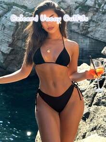 OZICERD Womens Halter Triangle Bikini Tops String Bikini Tops For Women Push Up Bathing Suit Swim Tops Sexy White Red Black Triangle Bikini Top Black Beach Vacation Outfit Halter Tie Bikinis Tops Sexy Triangle Bikini Top Push Up Large Breast Bust Rave Pool Cute Bikinis Party SummerBathing Suit Swim Top Swimwear Removable Paddings - 黑色 - 查看 2