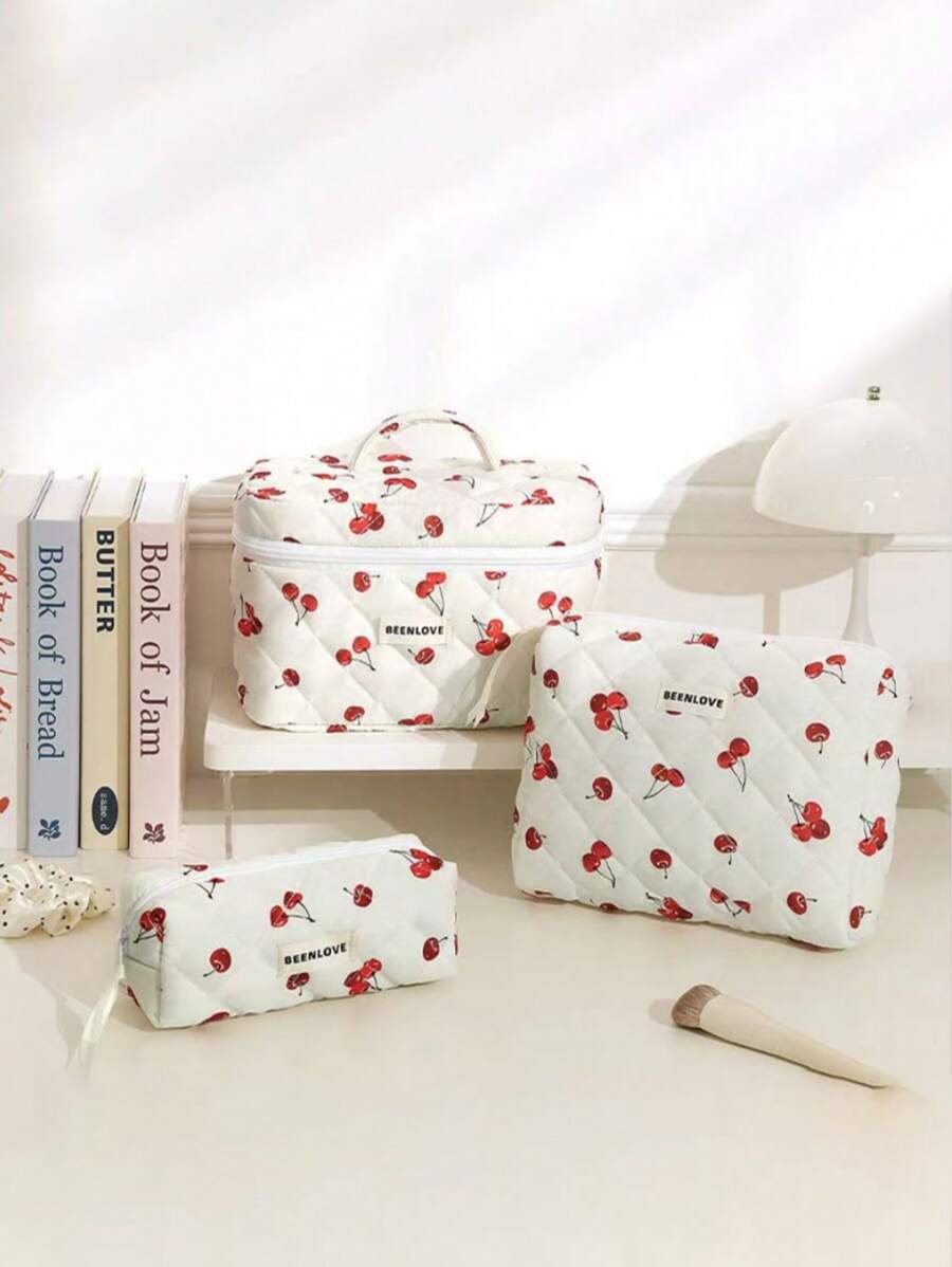 3 件套可爱樱桃印花大容量多功能手提包女士化妆包化妆品收纳袋唇彩指甲油配件旅行礼物生日、情人节、圣诞节、新年、返校旅行必备包学校度假节日用品旅行包女士