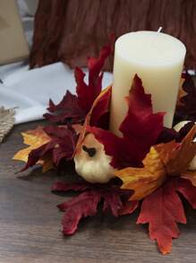 1 pieza Anillo de vela artificial de hoja de arce de Acción de Gracias con bayas y calabaza, decoración floral realista de vid de otoño para puerta, centro de mesa, decoración del hogar de cosecha