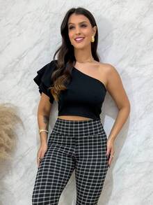 Cropped Off Shoulder Long Sleeve Ruffle Blouse One Sleeve Elegant - Black - View 3