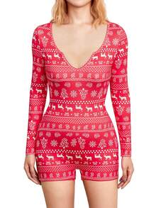 Women's Sexy Romper Shorts, Funny Print Long Sleeve Button Down Deep V Neck Bodysuit - alce de lomo rojo - Ver 4