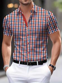 Men's Plaid Striped Button Design Short Sleeve Shirt, Red & Blue Color Block, Street Style Fashion Item For Multi-Occasion Wear, Summer Bestseller