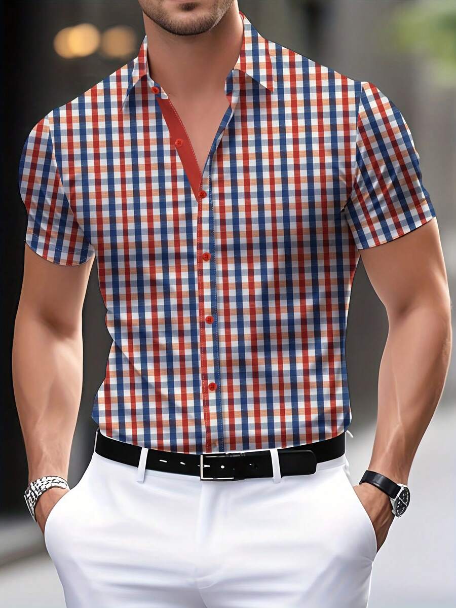 Men's Plaid Striped Button Design Short Sleeve Shirt, Red & Blue Color Block, Street Style Fashion Item For Multi-Occasion Wear, Summer Bestseller