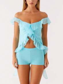 Women Y2k Frill Trim Off Shoulder Top Low Cut Sleeveless Irregular Ruffle Tassel  Showing Navel Cami Shirt Summer Going Out Tank Crop Top Party Club Streetwear - 藍色 - 查看 4