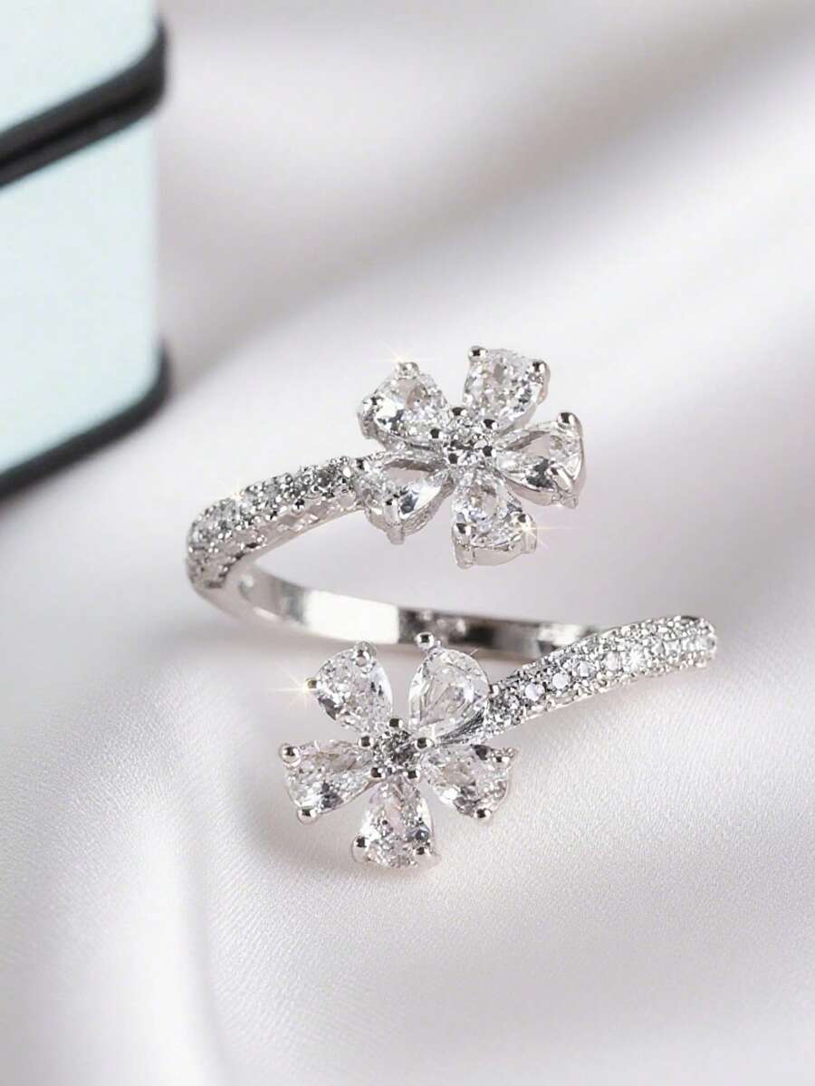 1 chiếc nhẫn hoa có thể điều chỉnh kích thước, thiết kế lấy cảm hứng từ thiên nhiên, kiểu dáng hoa lãng mạn, thích hợp cho tiệc tùng, đeo hàng ngày, kỷ niệm, quà tặng ngày Valentine (Không kèm hộp quà) - Bạc - Xem 1